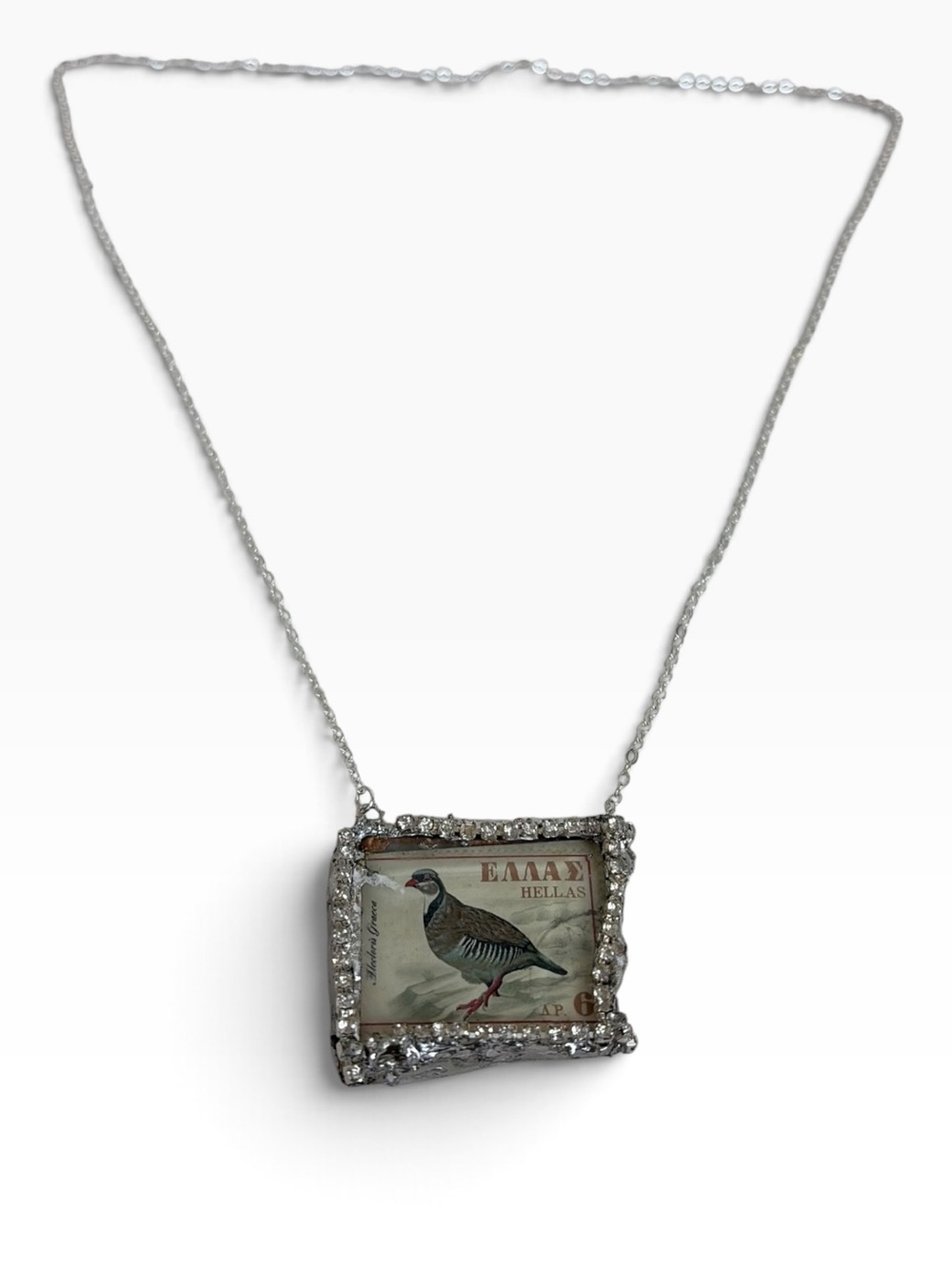Vintage Silver Plated Greek HELLAS Quail Bird Pendant Necklace Rhinestone